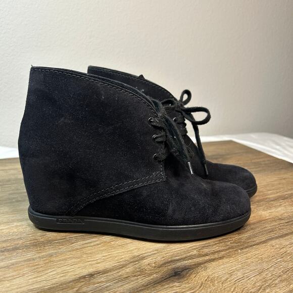 PRADA Rossa Desert Wedge Black Suede 
SIZE 38 Lace-up Booties - Picture 1 of 10